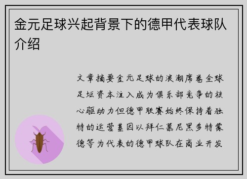 金元足球兴起背景下的德甲代表球队介绍